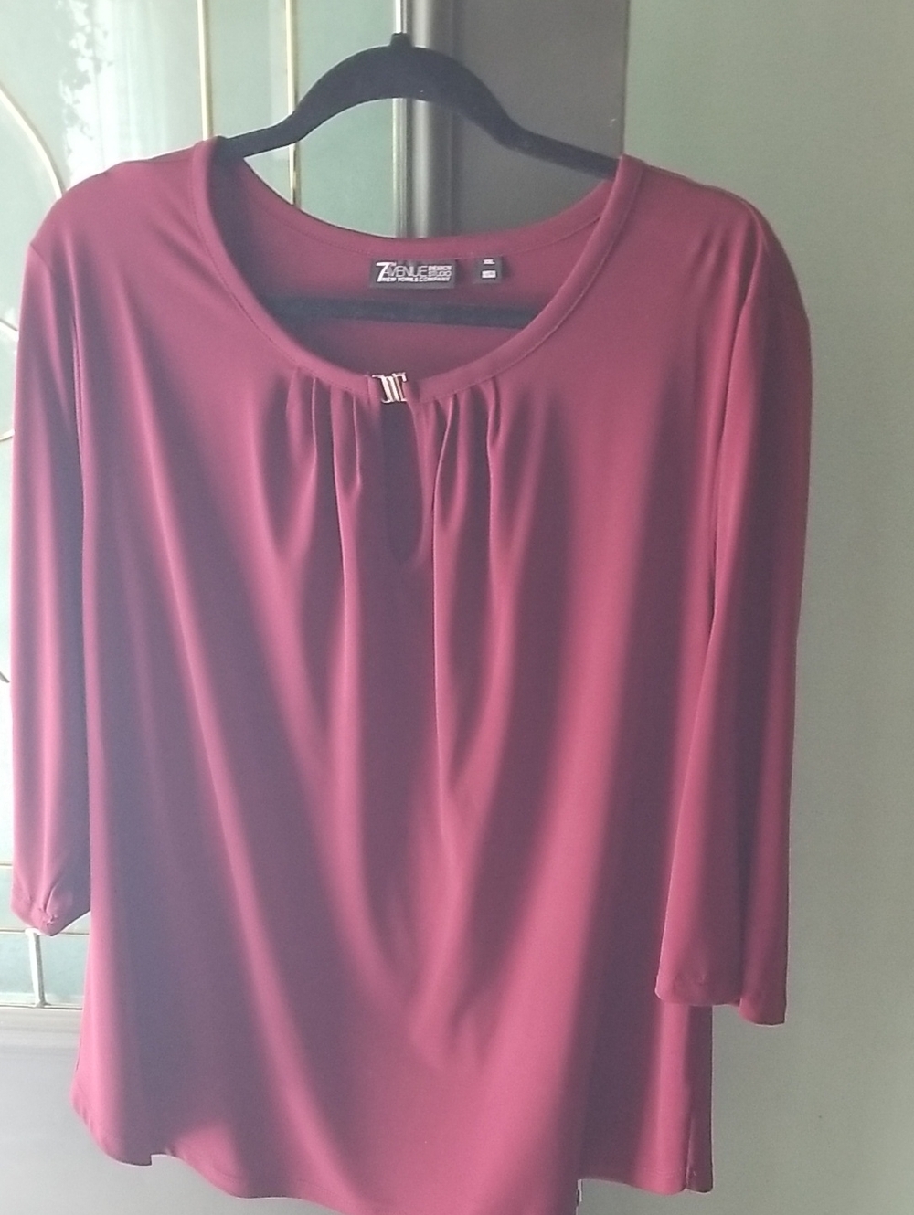 New York And Company Women's Burgundy Pleated Keyhole Top